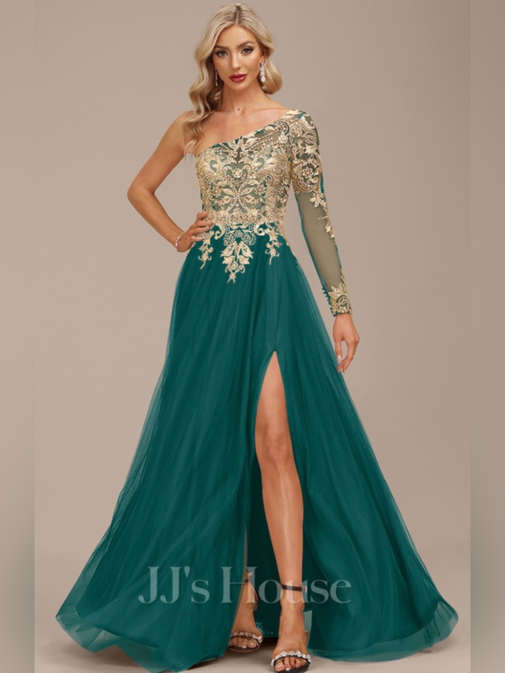 NEW j.j’s house marena one shoulder maxi dress color peacock size: 14